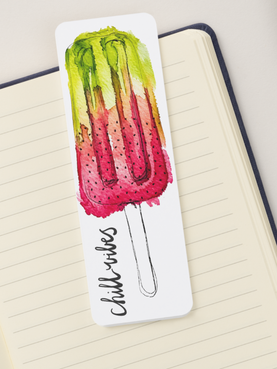 Watercolor watermelon popsicle bookmark with pink and lime green colors from the Summer Girl Collection by Amanda Broyles Art.