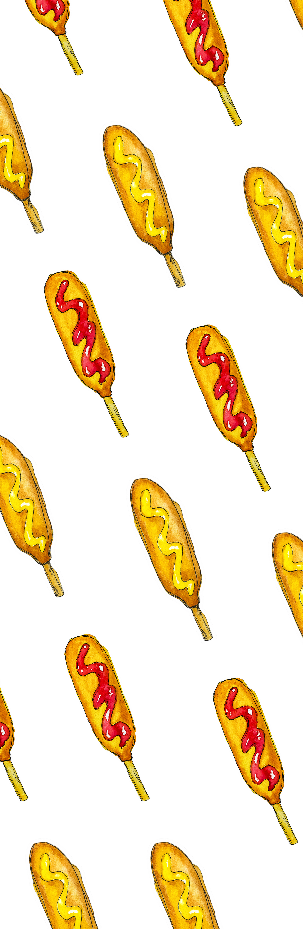 A repeating pattern of golden corn dogs with red ketchup drizzle on a plain white background.