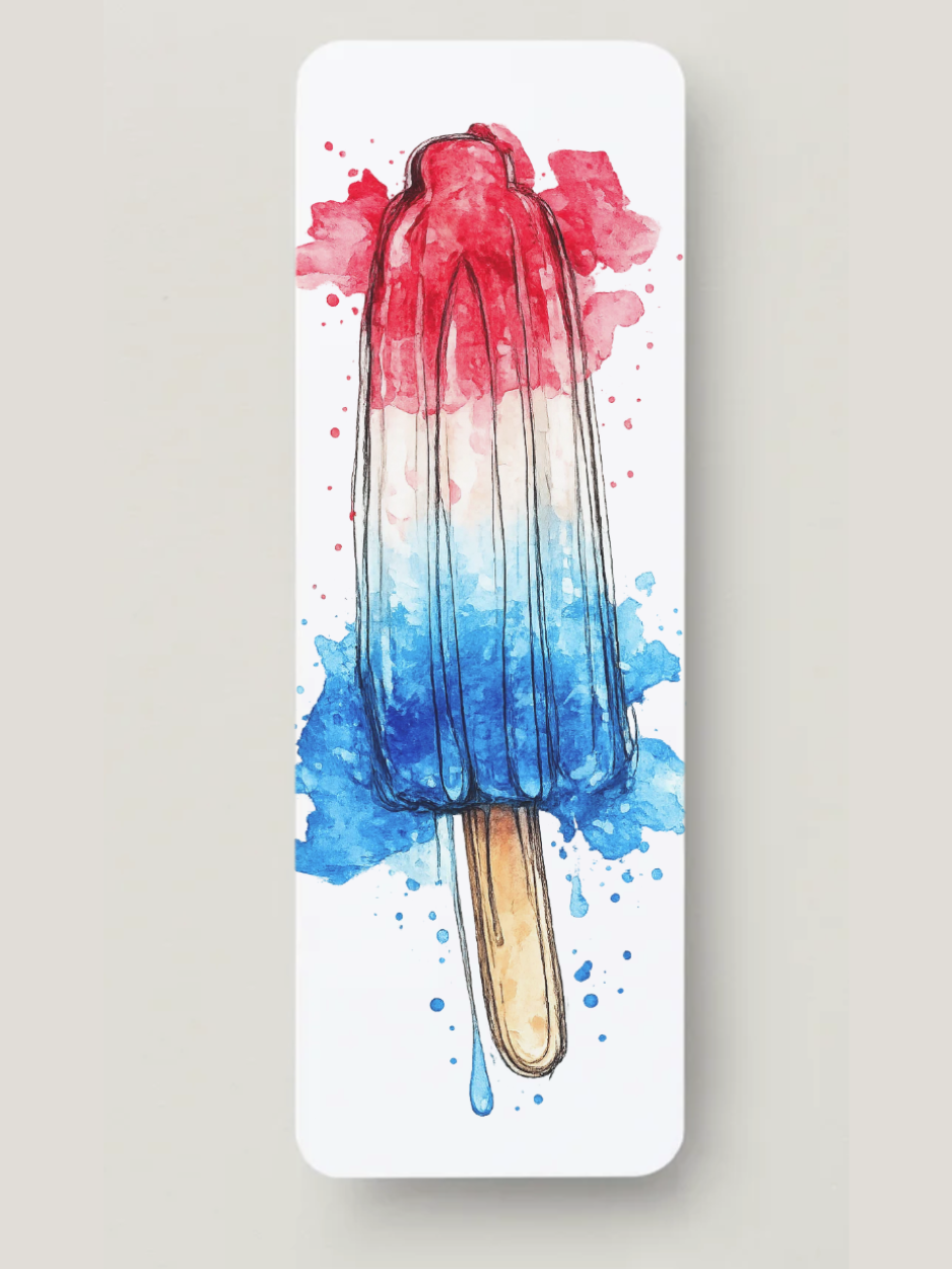 Red white and blue Bomb Pop watercolor bookmark inspired by classic popsicles, featuring hand-painted artwork and printed on textured cardstock for summer reading and patriotic gifts.