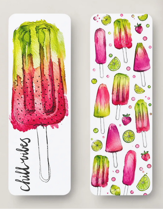 Watercolor watermelon popsicle bookmark with pink and lime green colors from the Summer Girl Collection by Amanda Broyles Art.