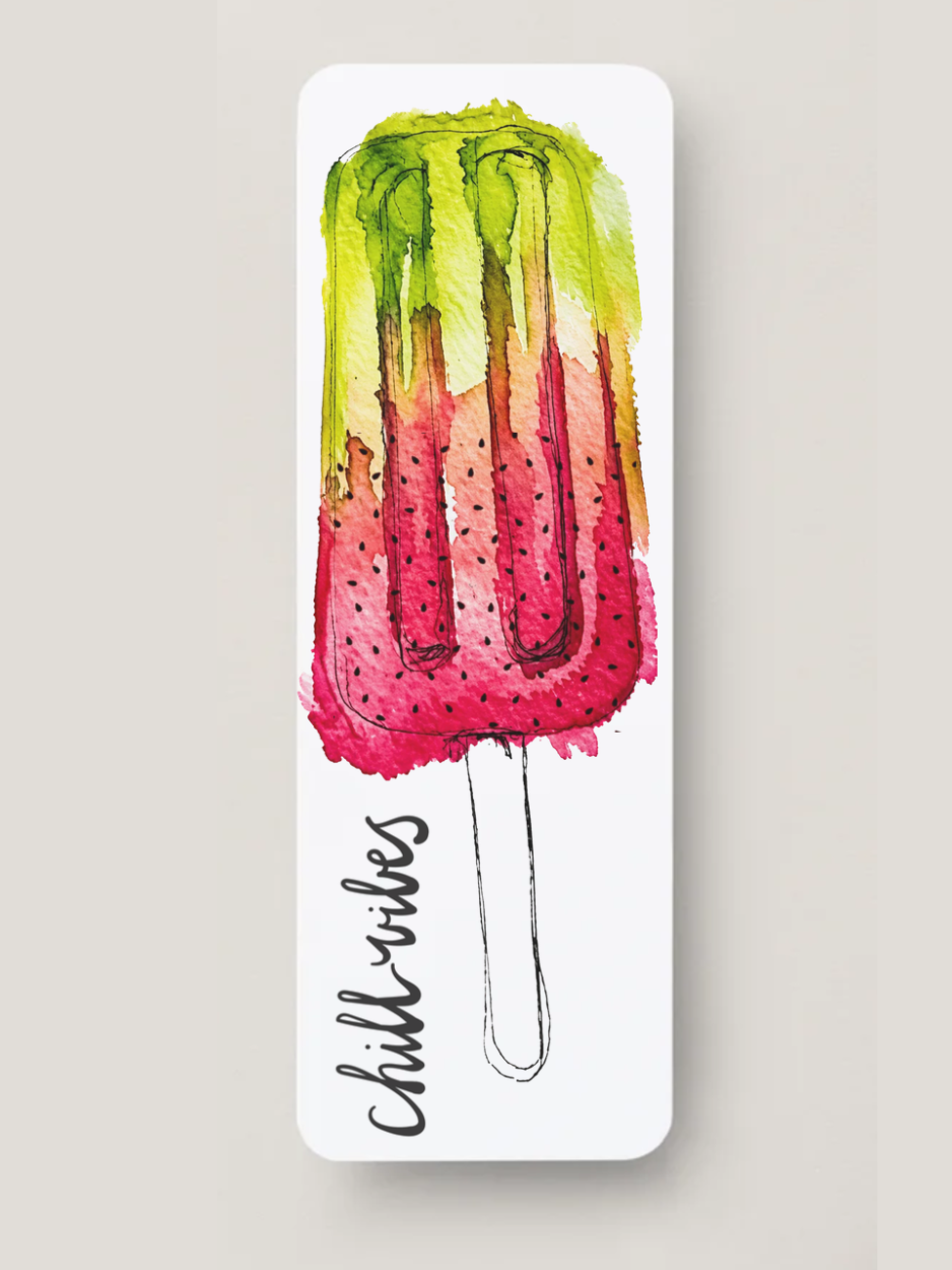 Watercolor watermelon popsicle bookmark with pink and lime green colors from the Summer Girl Collection by Amanda Broyles Art.