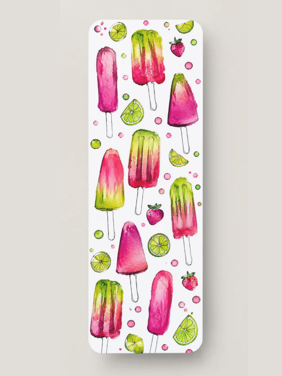Watercolor summer popsicle pattern bookmark featuring watermelon popsicles, strawberries, and lime slices from the Summer Girl Collection.
