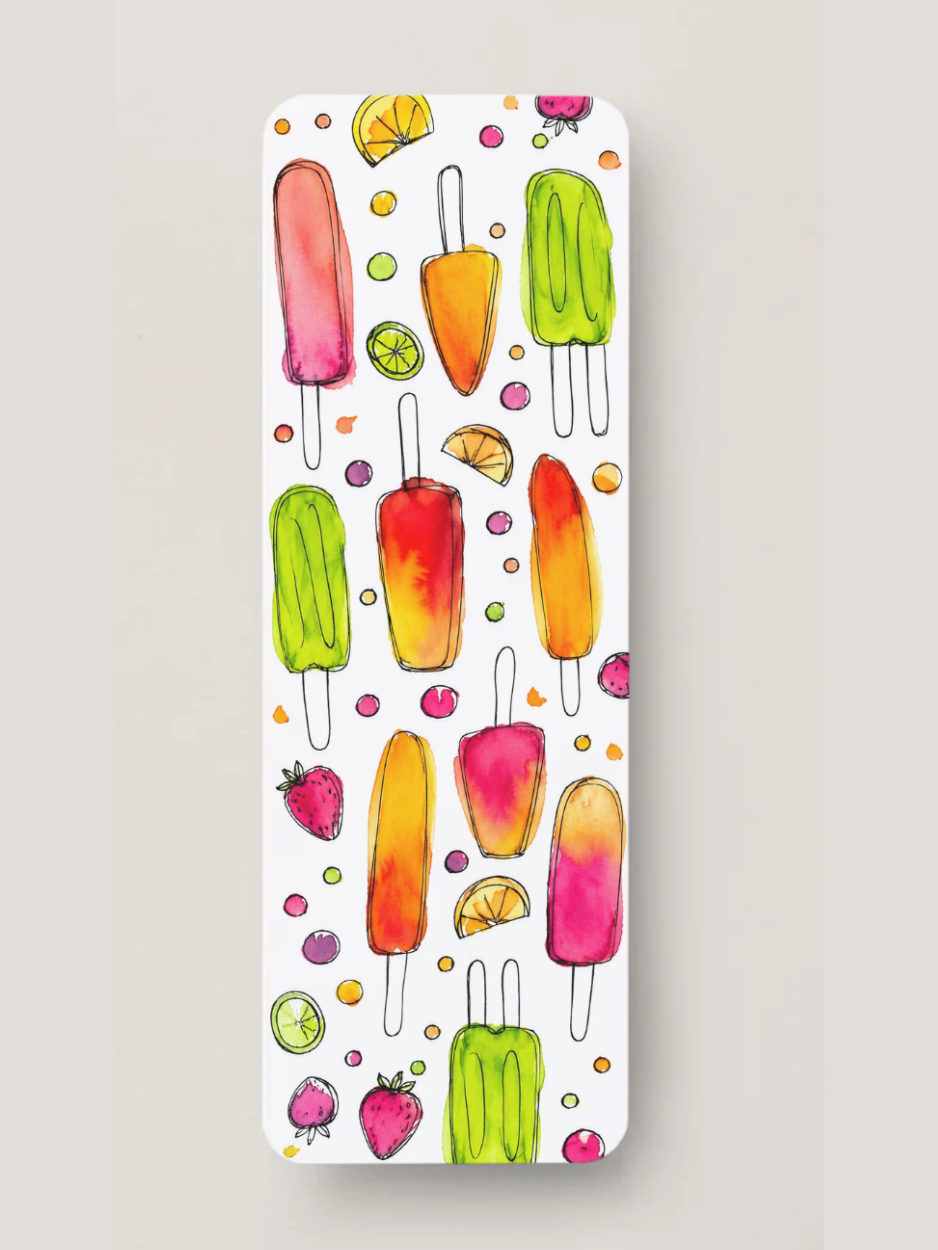Watercolor citrus popsicle bookmark featuring bright pink, orange, and lime green frozen treats from the Summer Girl Collection by Amanda Broyles Art.