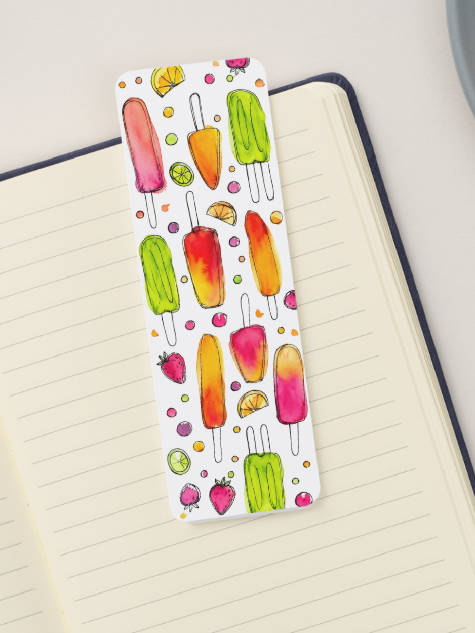Watercolor citrus popsicle bookmark featuring bright pink, orange, and lime green frozen treats from the Summer Girl Collection by Amanda Broyles Art.