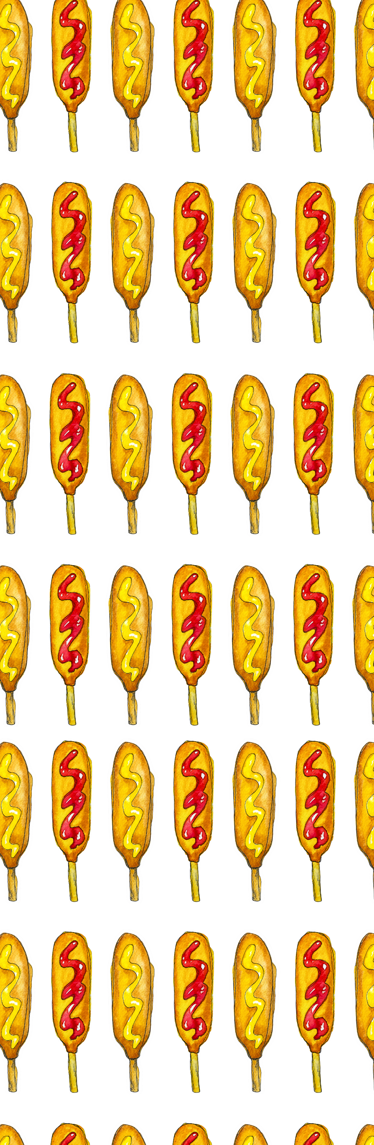 A repeating pattern of golden-yellow corn dogs topped with red ketchup, arranged vertically on a plain white background.