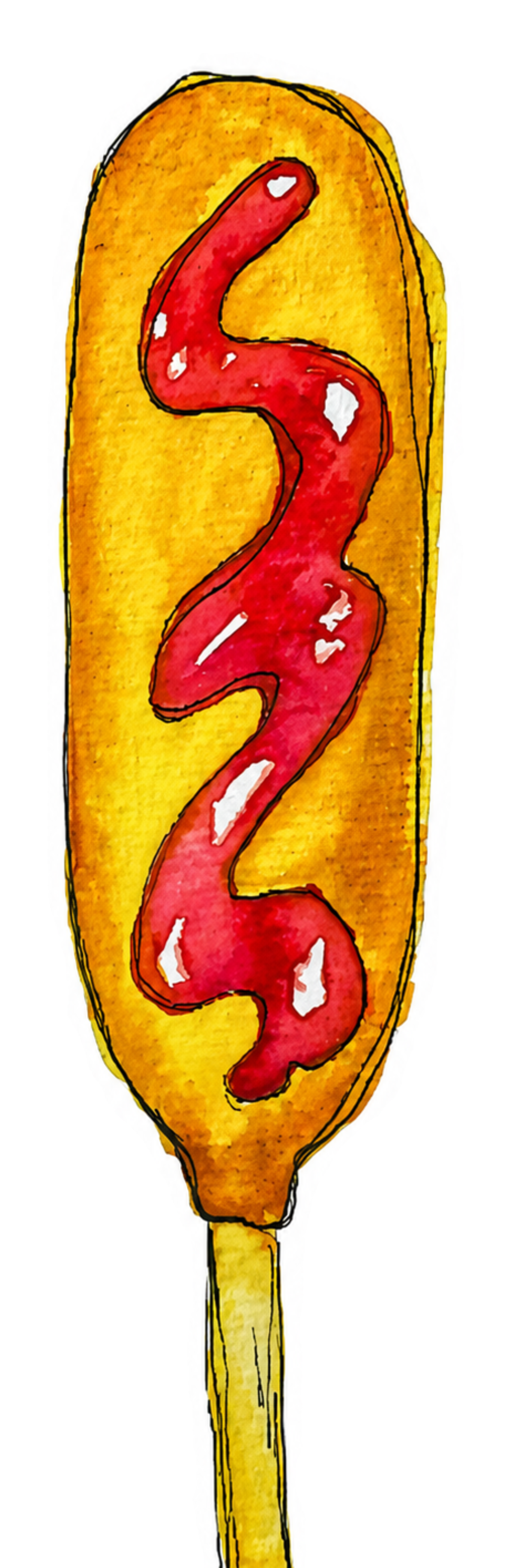 Watercolor illustration of a corn dog on a stick, featuring a golden-yellow fried coating with a zigzag swirl of red ketchup, set against a plain white background.