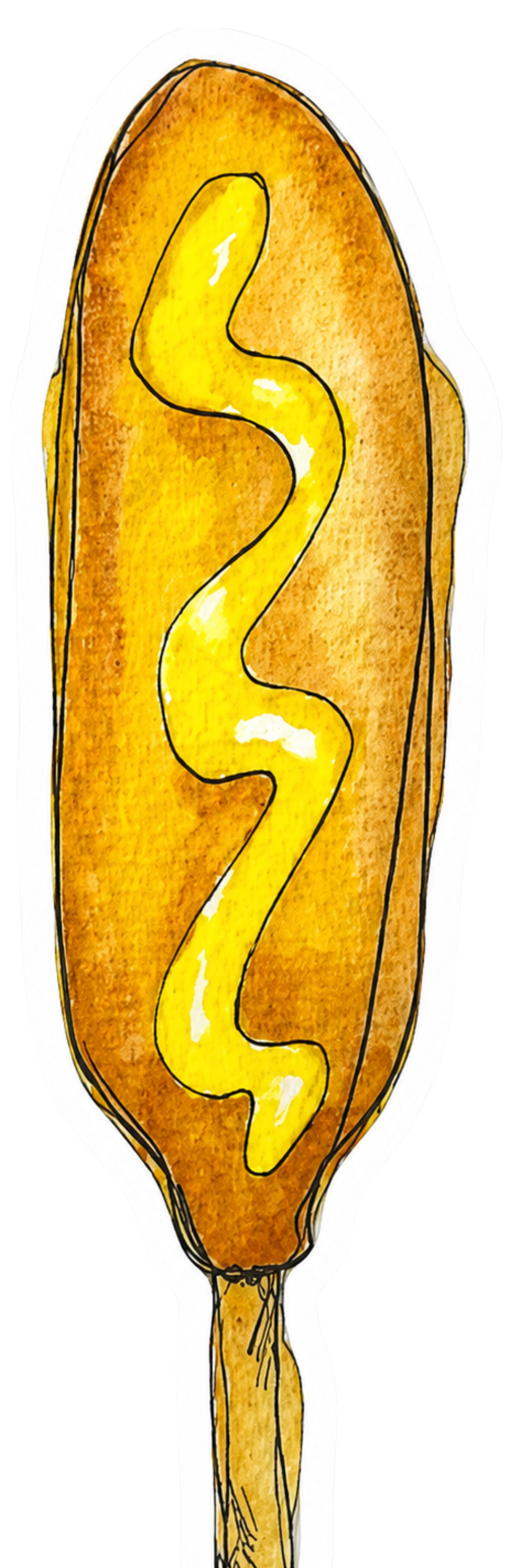 A watercolor-style illustration of a corn dog, with a golden-brown fried exterior and a zigzag stripe of yellow mustard on a white background.