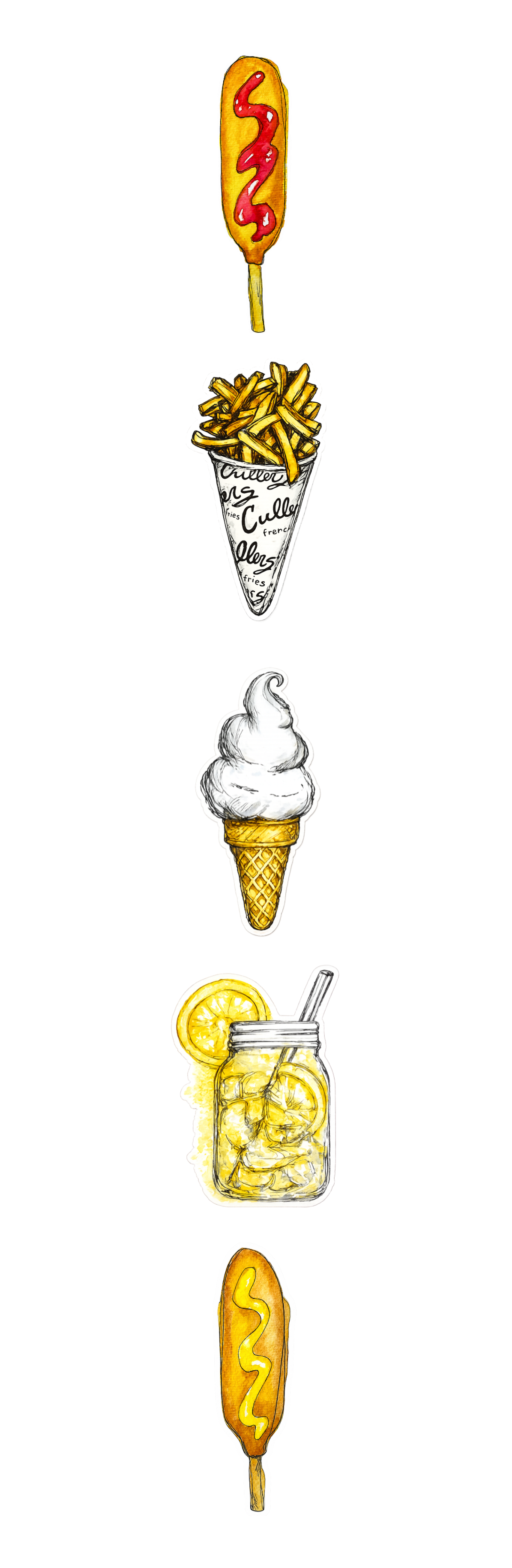 A vertical sequence of five hand-drawn food illustrations on a white background: a corn dog with ketchup, french fries in a cone, a soft-ice cream cone, a jar of lemon shake up, and another corn dog with mustard