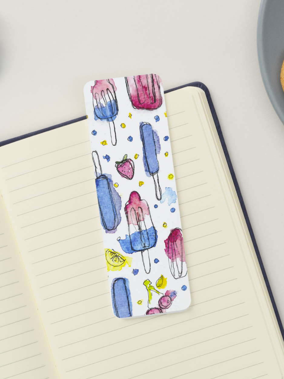 Hand-painted patriotic popsicle bookmark featuring red, white, and blue watercolor popsicles with citrus slices and summer details. Fourth of July bookmark printed on textured cardstock by Amanda Broyles Art.