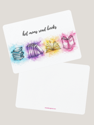 Card with watercolor book illustrations and text 'hot moms read books' on a light background