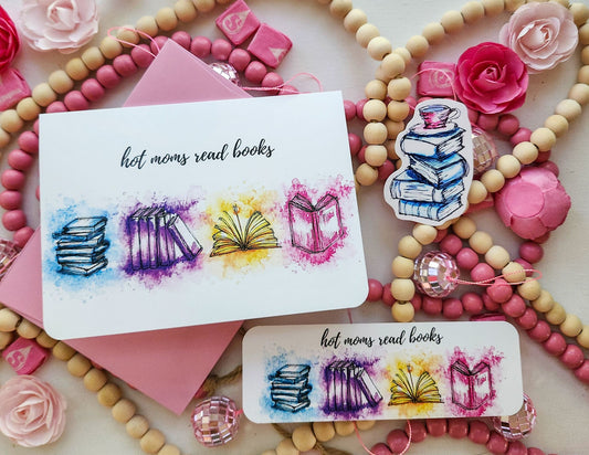 Colorful card with book illustrations and text 'hot moms read books' on a decorative background with flowers and beads.