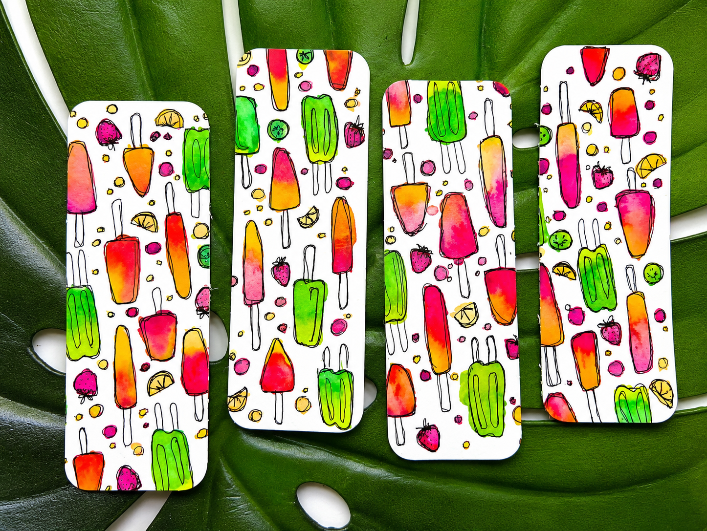 Colorful watercolor citrus popsicle bookmark inspired by summer reading, beach days, and poolside afternoons from the Summer Girl Collection by Amanda Broyles Art.