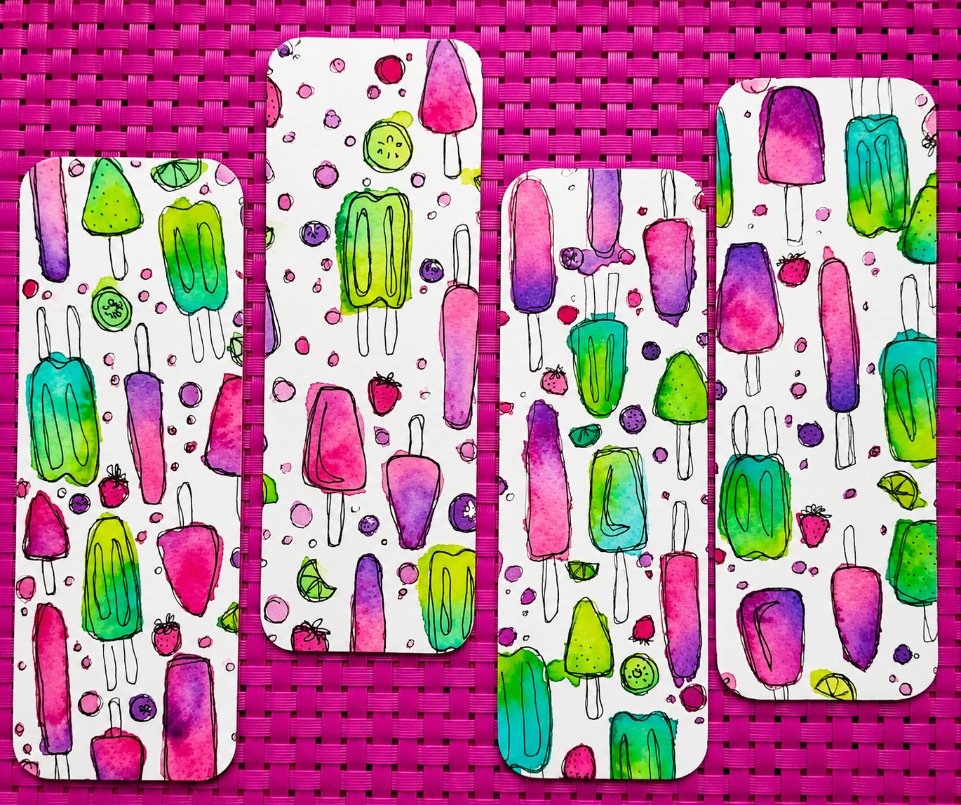 Colorful watercolor popsicle pattern bookmark with pink, purple, and berry-inspired frozen treats from the Summer Girl Collection.