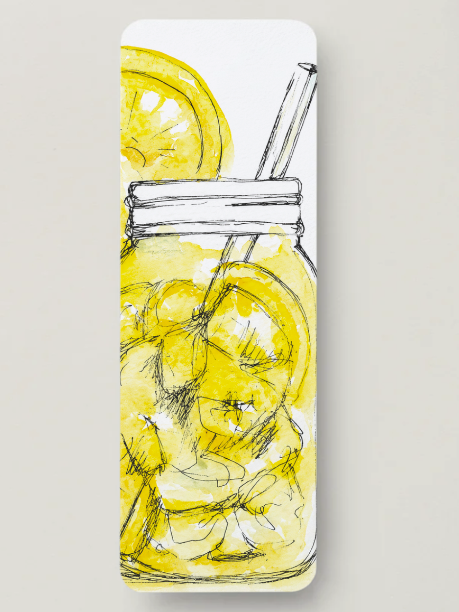 Bookmark a design of a mason jar filled with lemon slices and a straw on a light gray background. Lemon Shake up and the Fair