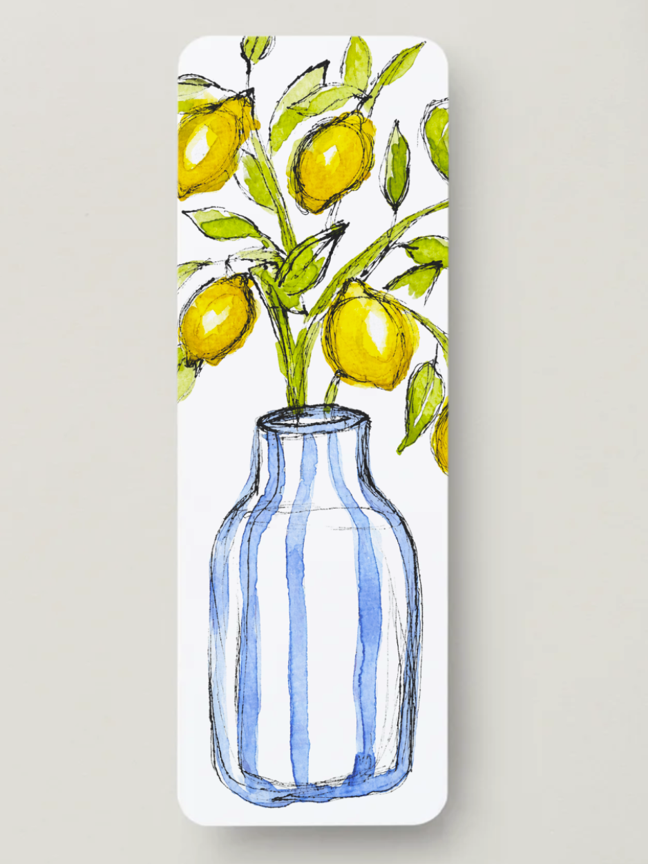 Bookmark with a design of a blue and white striped vase with lemons and green leaves on a light gray background