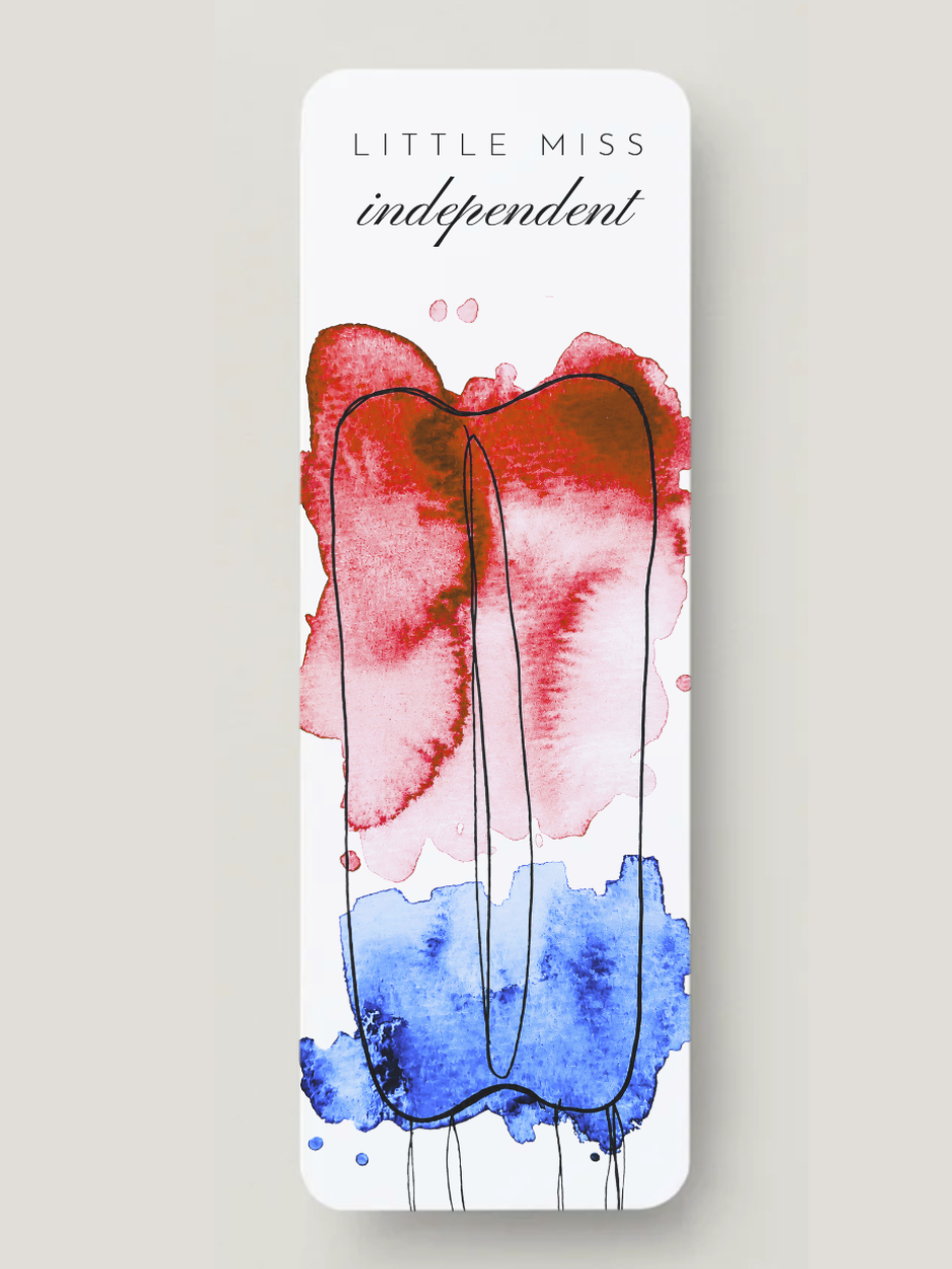 Little Miss Independent bookmark featuring a hand-painted red, white, and blue twin popsicle in watercolor. Patriotic summer bookmark inspired by Fourth of July nostalgia, designed by Amanda Broyles Art.