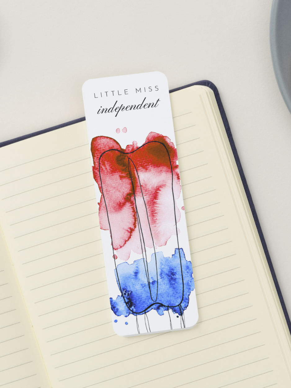 Little Miss Independent bookmark featuring a hand-painted red, white, and blue twin popsicle in watercolor. Patriotic summer bookmark inspired by Fourth of July nostalgia, designed by Amanda Broyles Art.