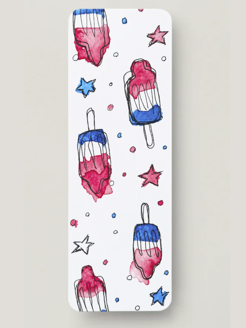 Patriotic Popsicle Bookmark featuring hand-painted red, white, and blue twin pops and stars in watercolor. Fourth of July summer bookmark printed on textured cardstock by Amanda Broyles Art.