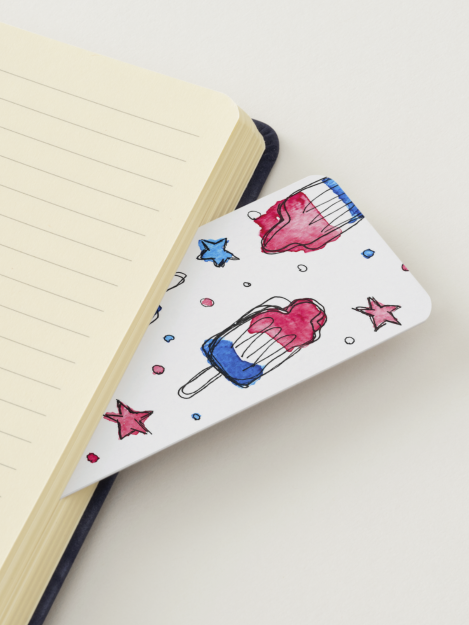 Patriotic Popsicle Bookmark featuring hand-painted red, white, and blue twin pops and stars in watercolor. Fourth of July summer bookmark printed on textured cardstock by Amanda Broyles Art.