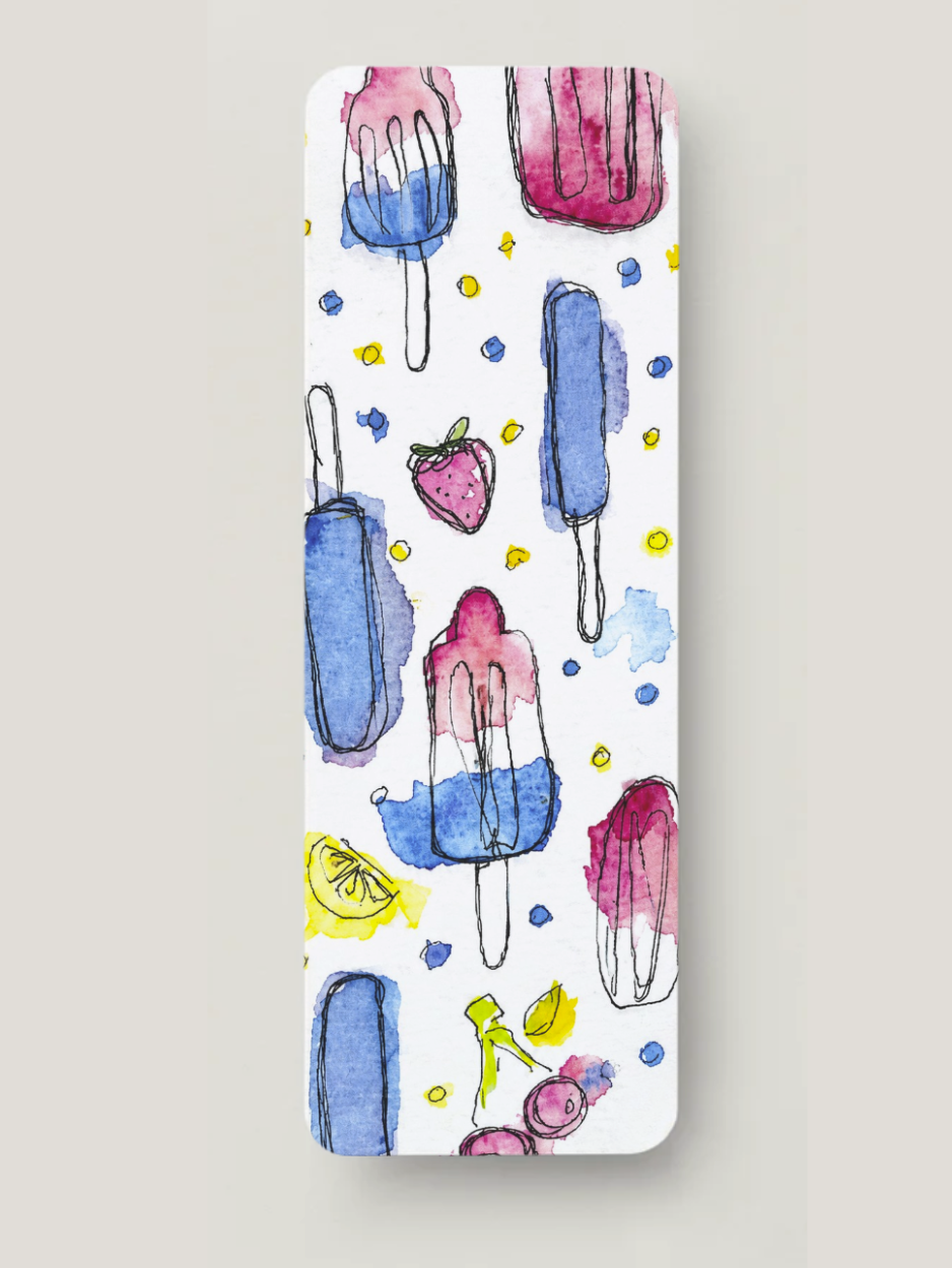 Hand-painted patriotic popsicle bookmark featuring red, white, and blue watercolor popsicles with citrus slices and summer details. Fourth of July bookmark printed on textured cardstock by Amanda Broyles Art.