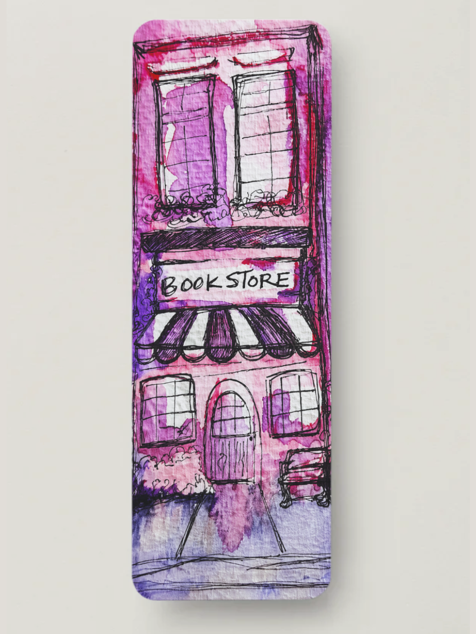 Bookmark with a watercolor design of a book store on a light gray background