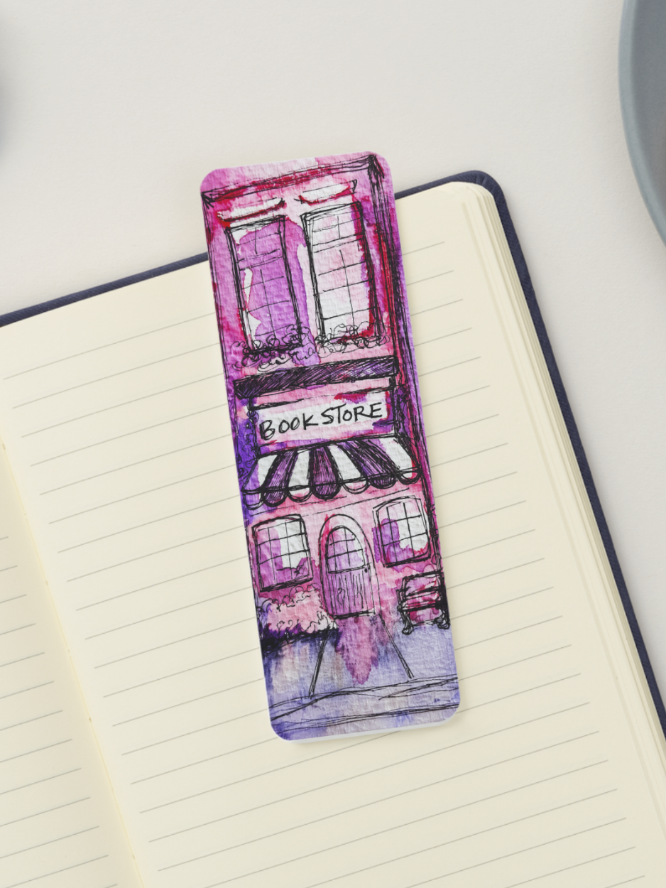 Bookmark with a painted bookmark with a watercolor book store on a notebook