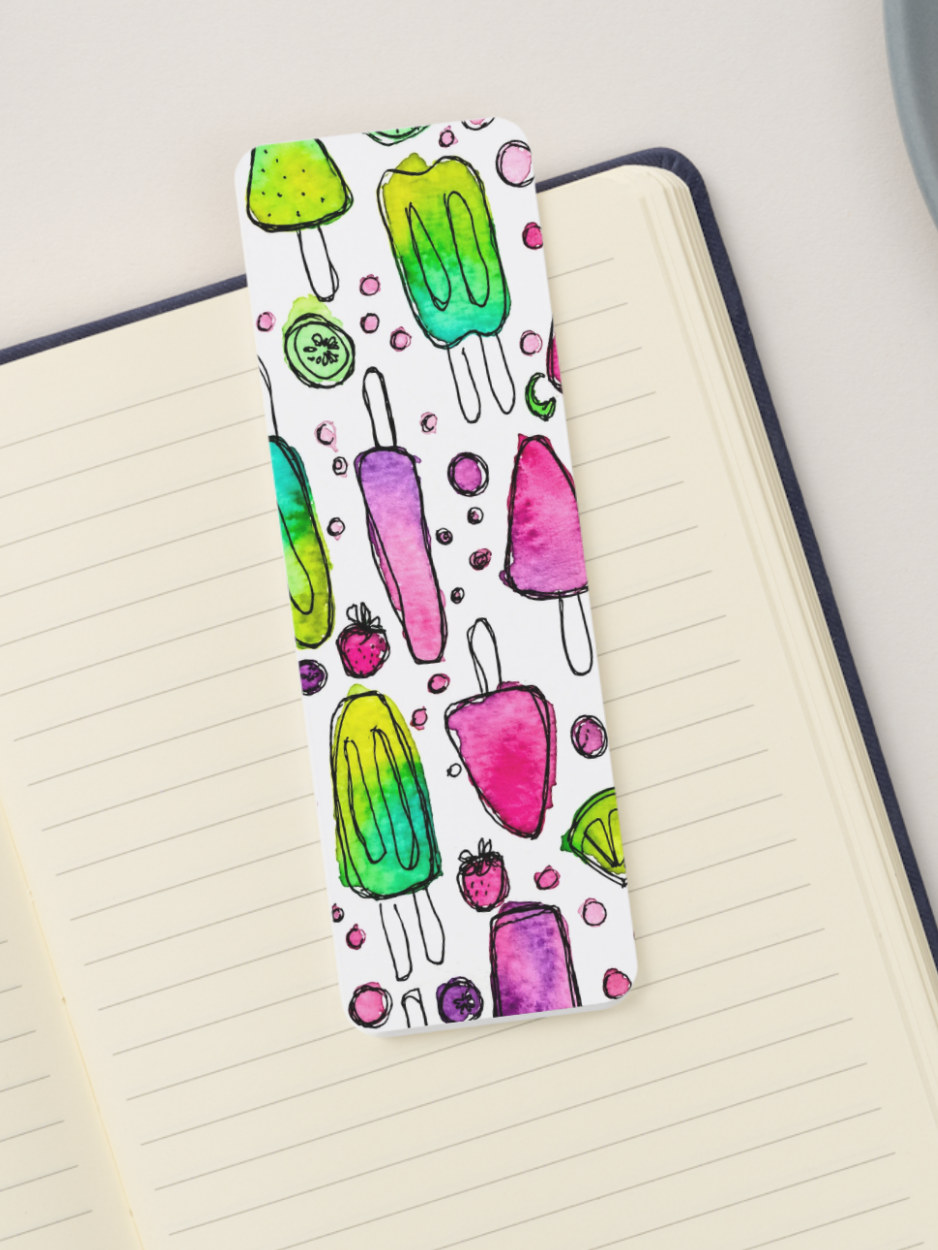 Colorful watercolor popsicle pattern bookmark with pink, purple, and berry-inspired frozen treats from the Summer Girl Collection.