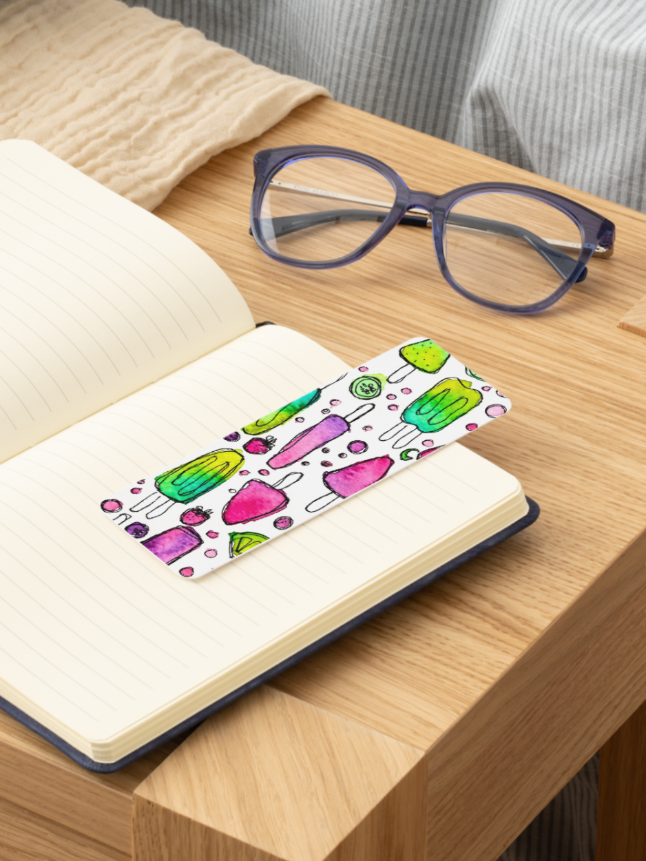 Colorful watercolor popsicle pattern bookmark with pink, purple, and berry-inspired frozen treats from the Summer Girl Collection.