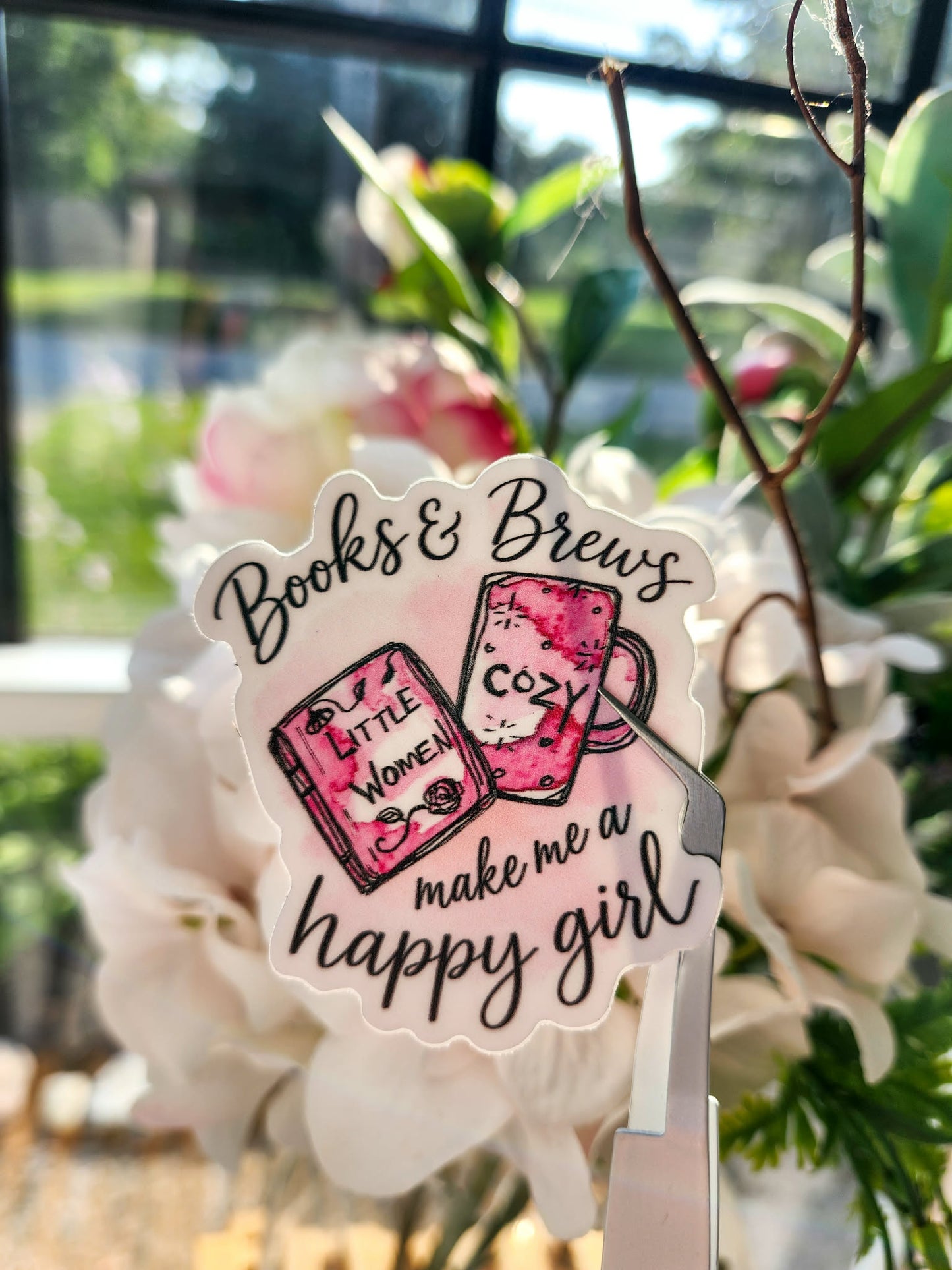 🩷📕☕Books & Brews Make Me a Happy Girl – 3" Die-Cut Sticker