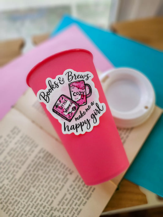 🩷📕☕Books & Brews Make Me a Happy Girl – 3" Die-Cut Sticker